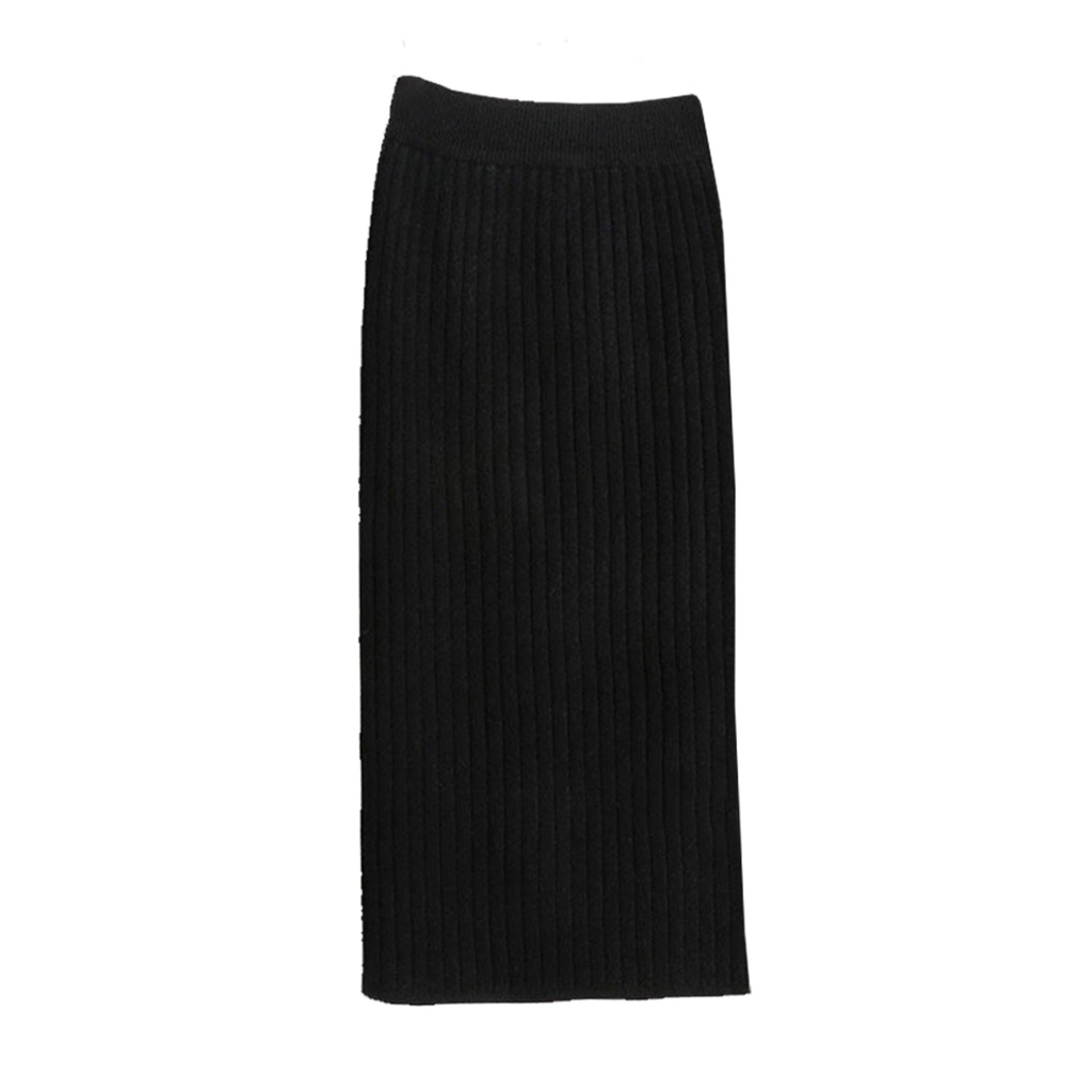 Rok Span Midi Knit Ribbed Hitam